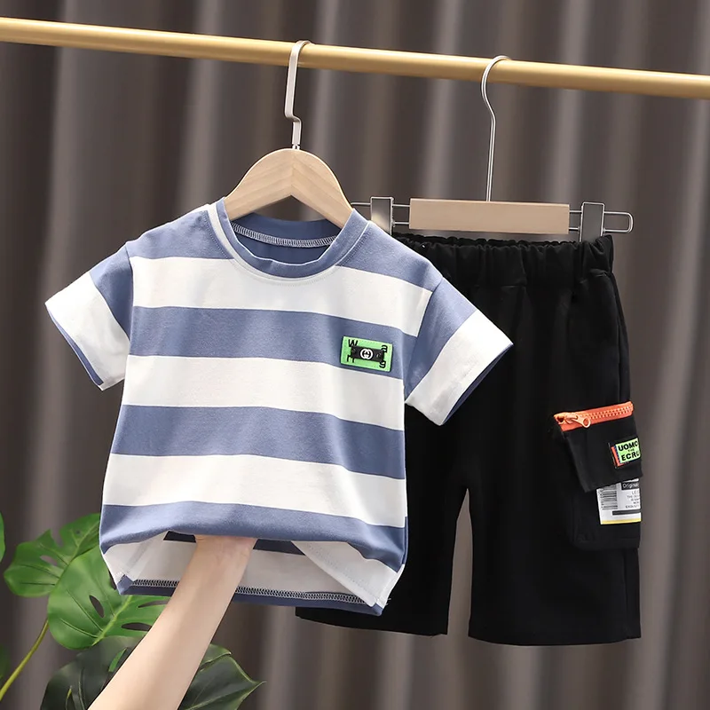 

New Summer Newborn Baby Boy Casual Clothing Sets Toddler Striped Cartoon T-shirt+Tooling Shorts 2-piece Kids Fashion Clothes