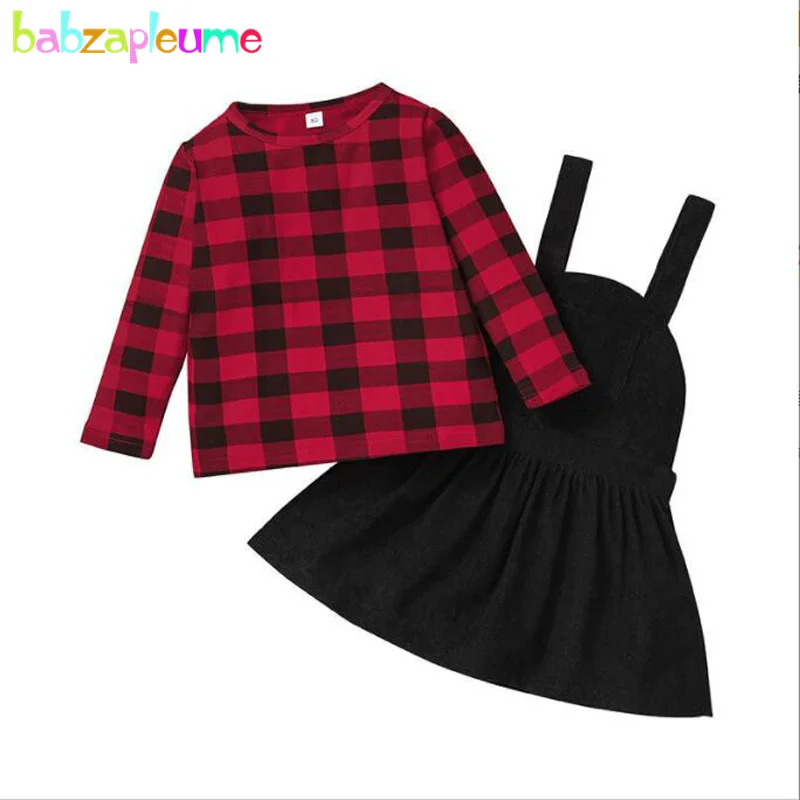 

2Piece Spring Fall Baby Clothes Korean Plaid Long Sleeve T-shirt+Toddler Dress Girls Boutique Outfits Kids Clothing Set BC2134-1
