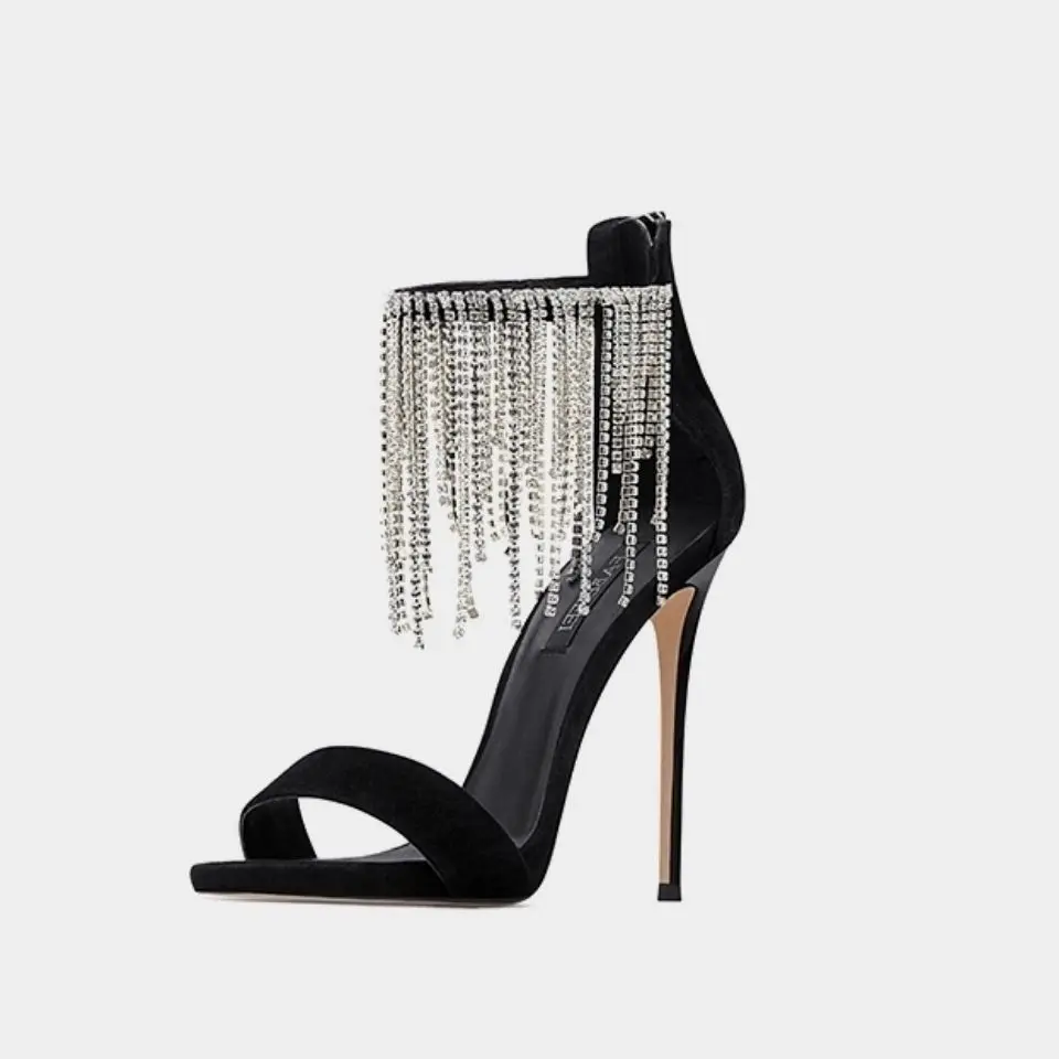 

Summer Women Tassels Ankle Strap Rhinestone High Heel Sandals Shoes Lady Sexy Party Design Thin Heels Fringed Dress Shoes Ladies