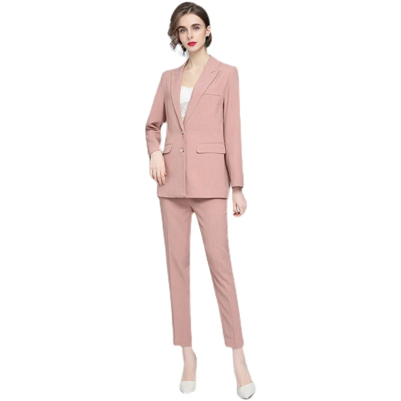 

White Pink Suit Women Straight-Leg Pants Casual Two-Piece Professional Suit