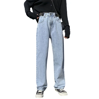 

Blue Korean High Waist Wide Leg denim Jeans Women Adjustable Waist Straight Long Jeans Casual Fashion Female Jeans Trousers 2020