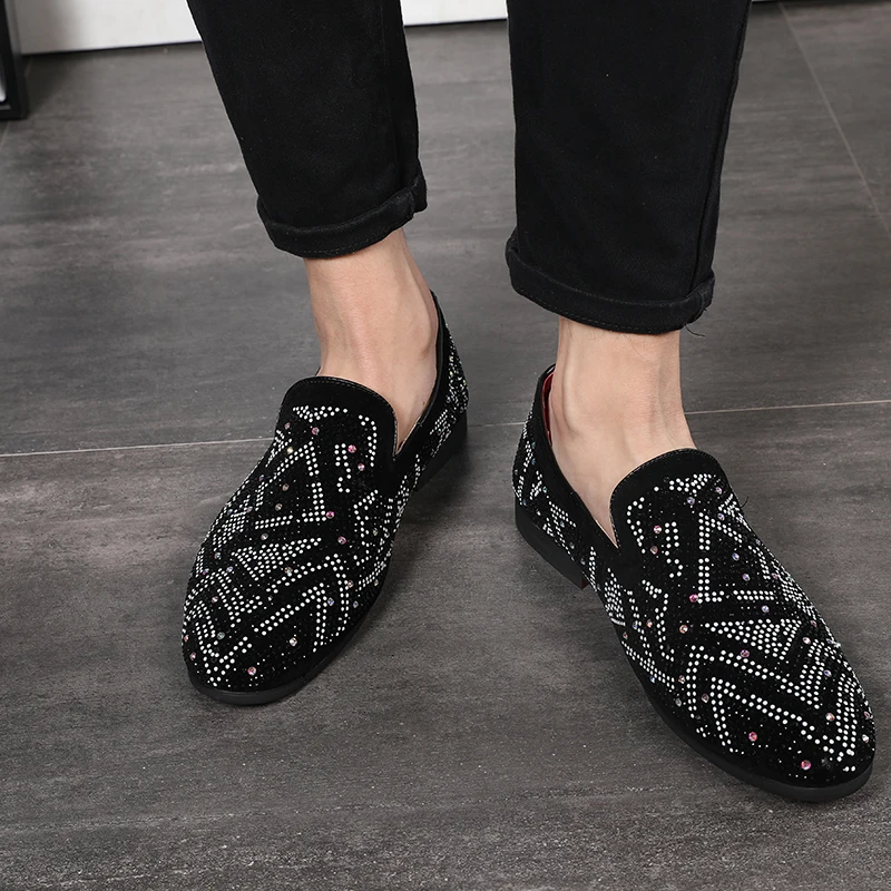Элитный бренд ручной работы черные шипы Стразы Блеск мужские лоферы дымчатой