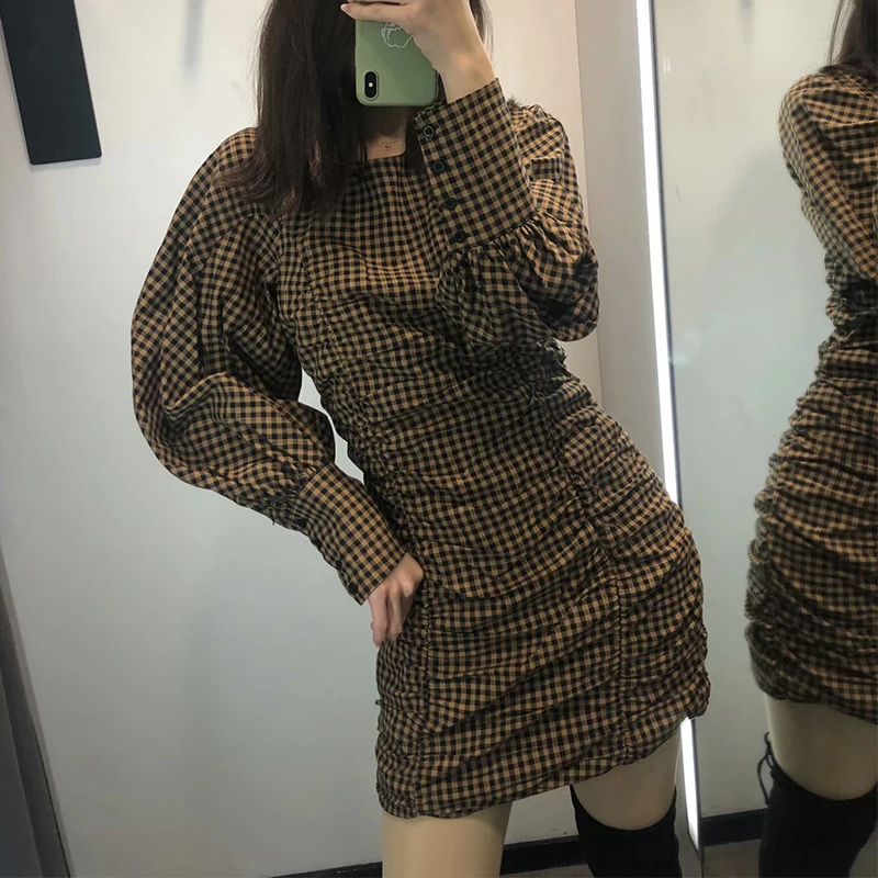 

Vintage Plaid Draped Bodycon Mini Dress Women Lantern Sleeve Round Neck Spring Dress 2020 vestidos mujer XNGC9628