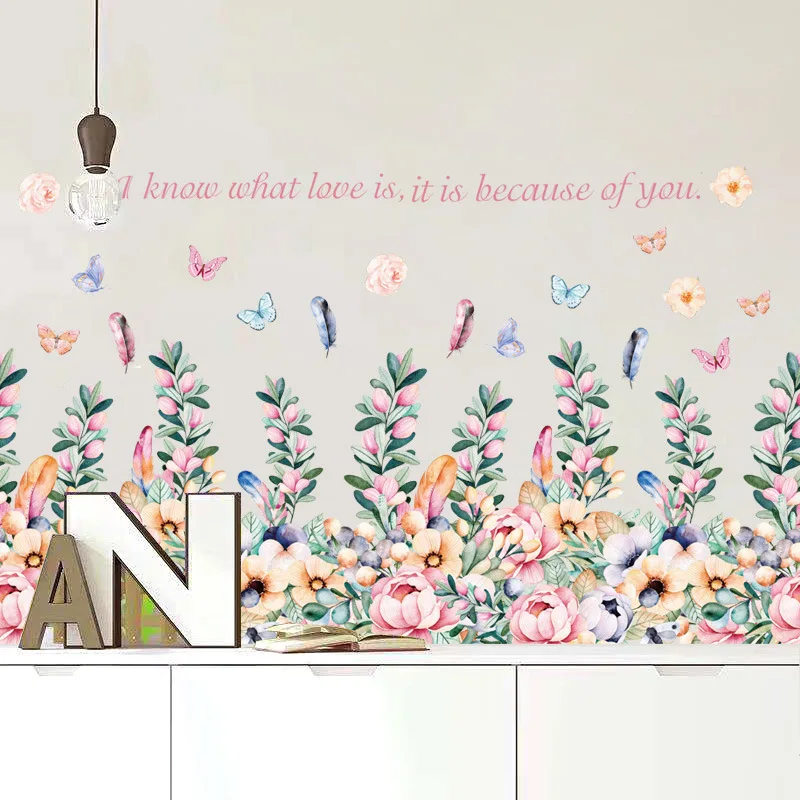 92*53cm Romantic Flowers Wall Sticker Colorful Plant Baseboard Decoration Beautiful Butterfly Home Docor for Bathroom Bedroom