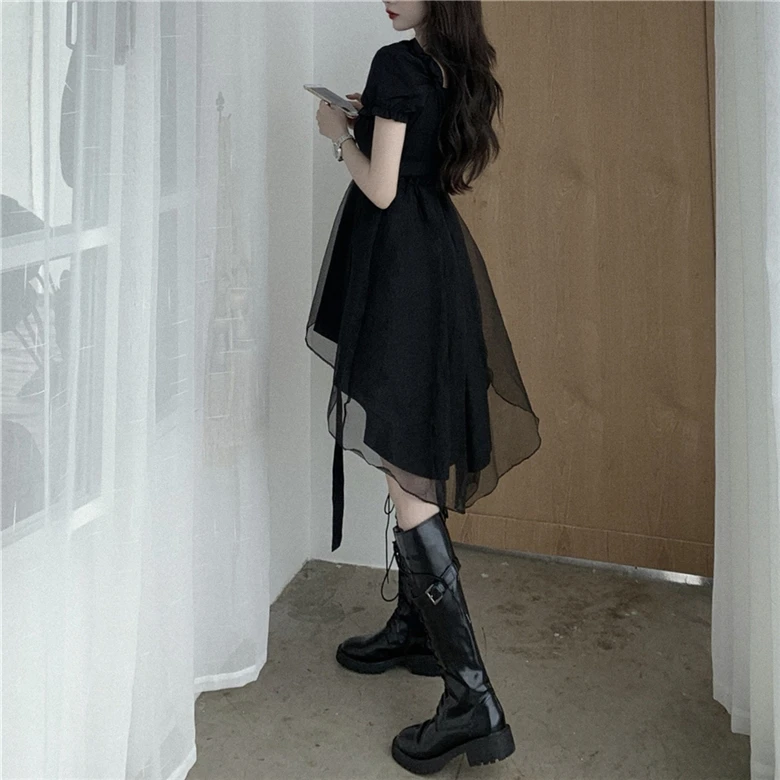 

New Womens Classic Lolita Dresses Hot Black Gothic Short Sleeves Layered Lace-Up Party Halloween Cosplay Costumes