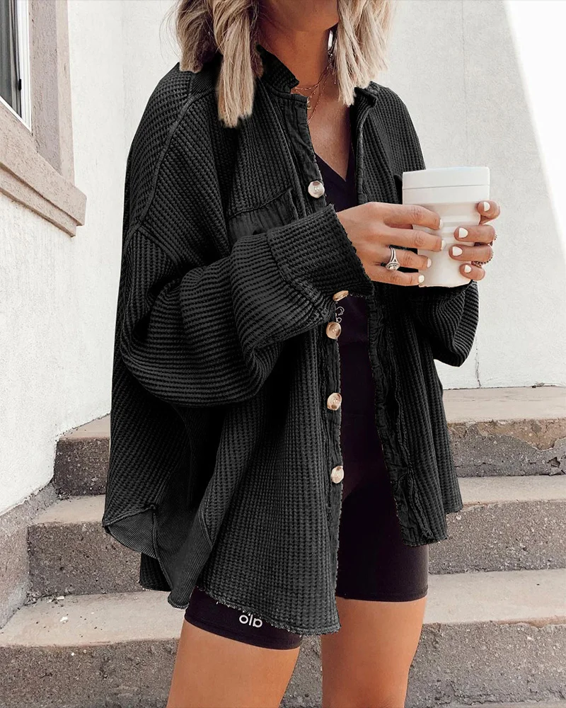 

Autumn Women Batwing Sleeve Button Front Waffle Knit Shacket 2021 Femme Casual Long Coat Office Lady Outfits traf
