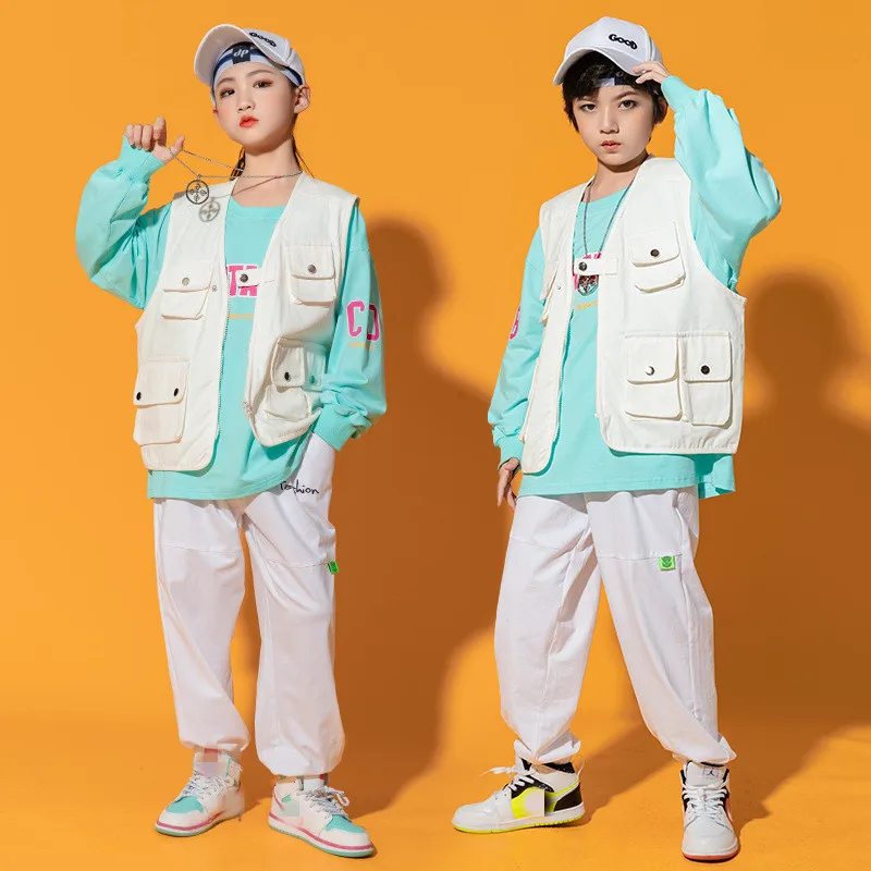 

2021 Hip Hop Costumes Children Long Sleeves Tops White Vest Pants Stage Outfit Street Dance Clothes Girls Boys Rave Wear