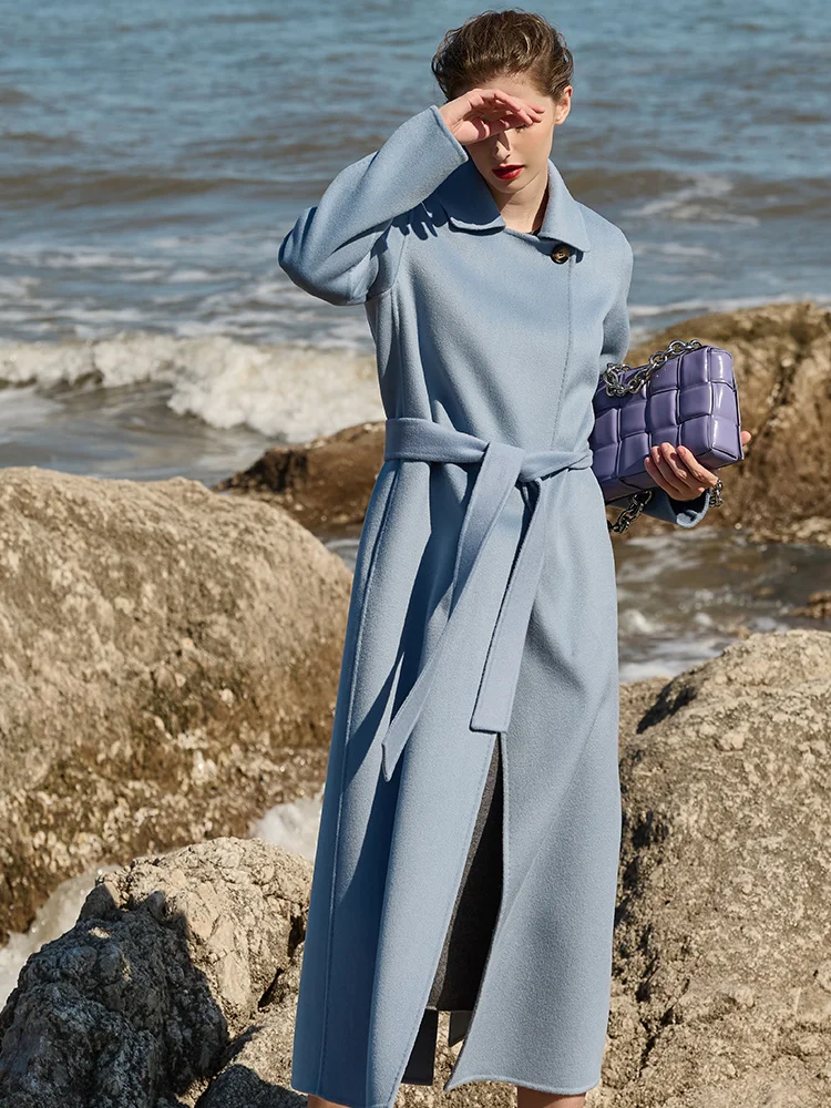 

Fog blue double-sided cashmere coat women's mid-length high-end 2021 new autumn woolen coat