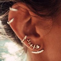 america cross border new ear clip set four piece creative retro full diamond back hanging fishbone ear studs