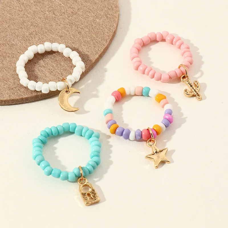 

4Pcs Korean Bohemia Moon Star Ring Handmade Multi Beaded Rice Beads Ring For Women Beach Jewelry Gifts
