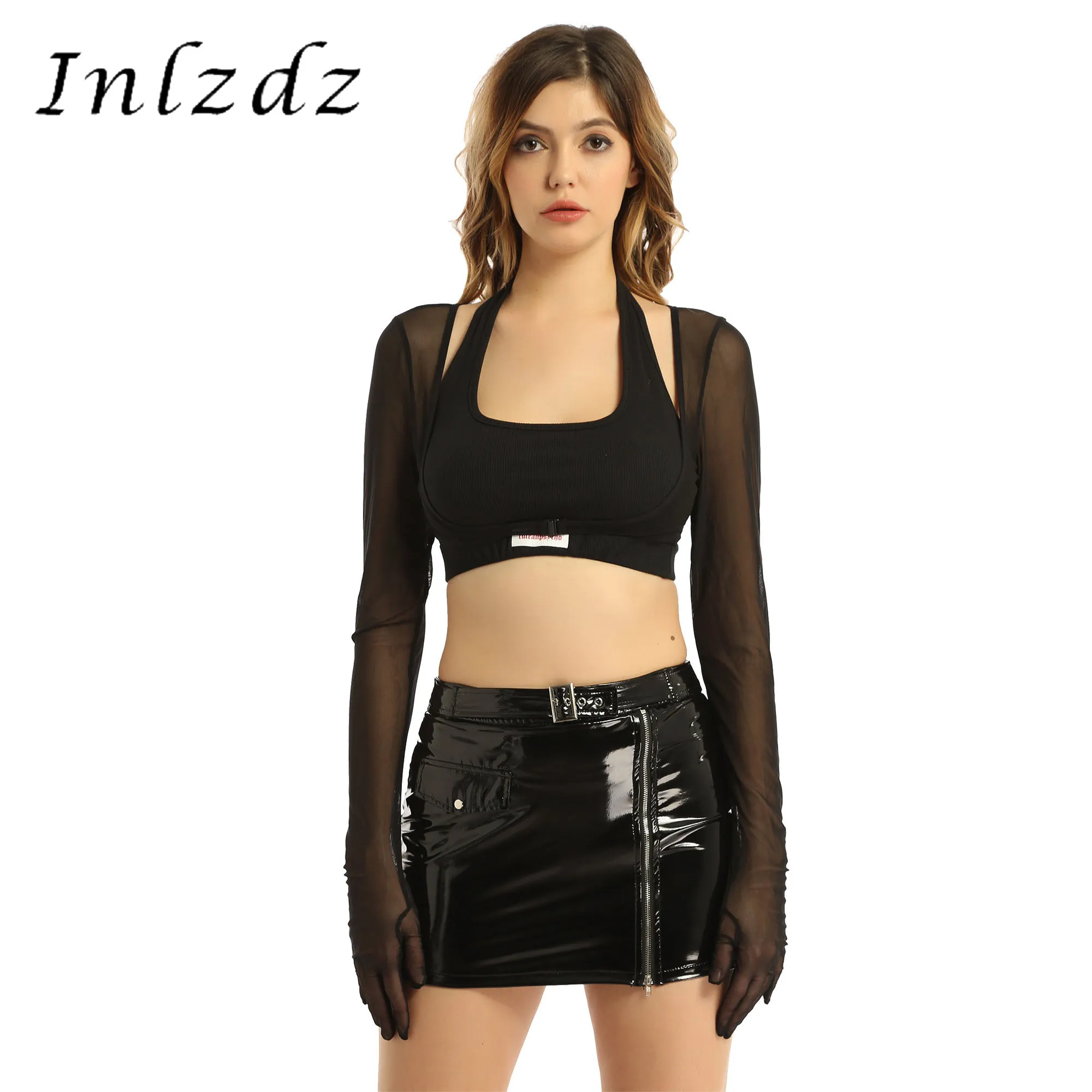 

Женские прозрачные сетчатые перчатки с защитой от солнца, топы, летний танцевальный Топ с длинным рукавом и открытой передней пряжкой, клуб...