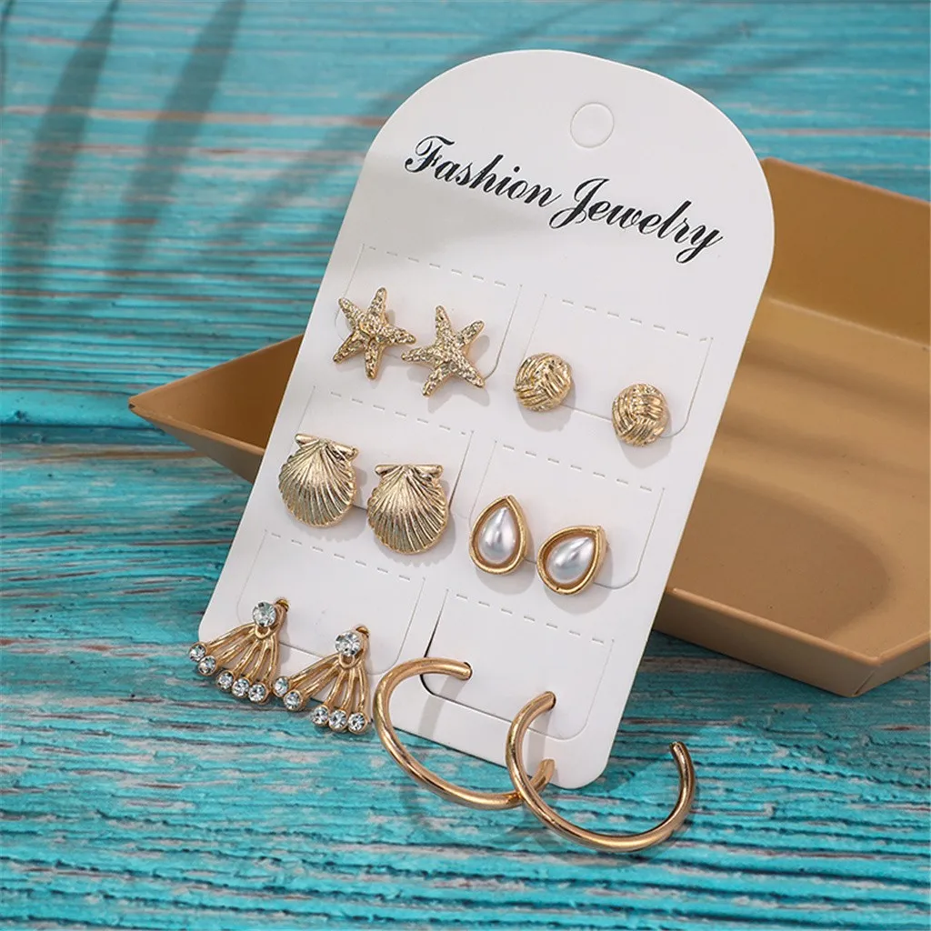 6 маленькие свежие серьги женские модный тренд сплав геометрические ракушки