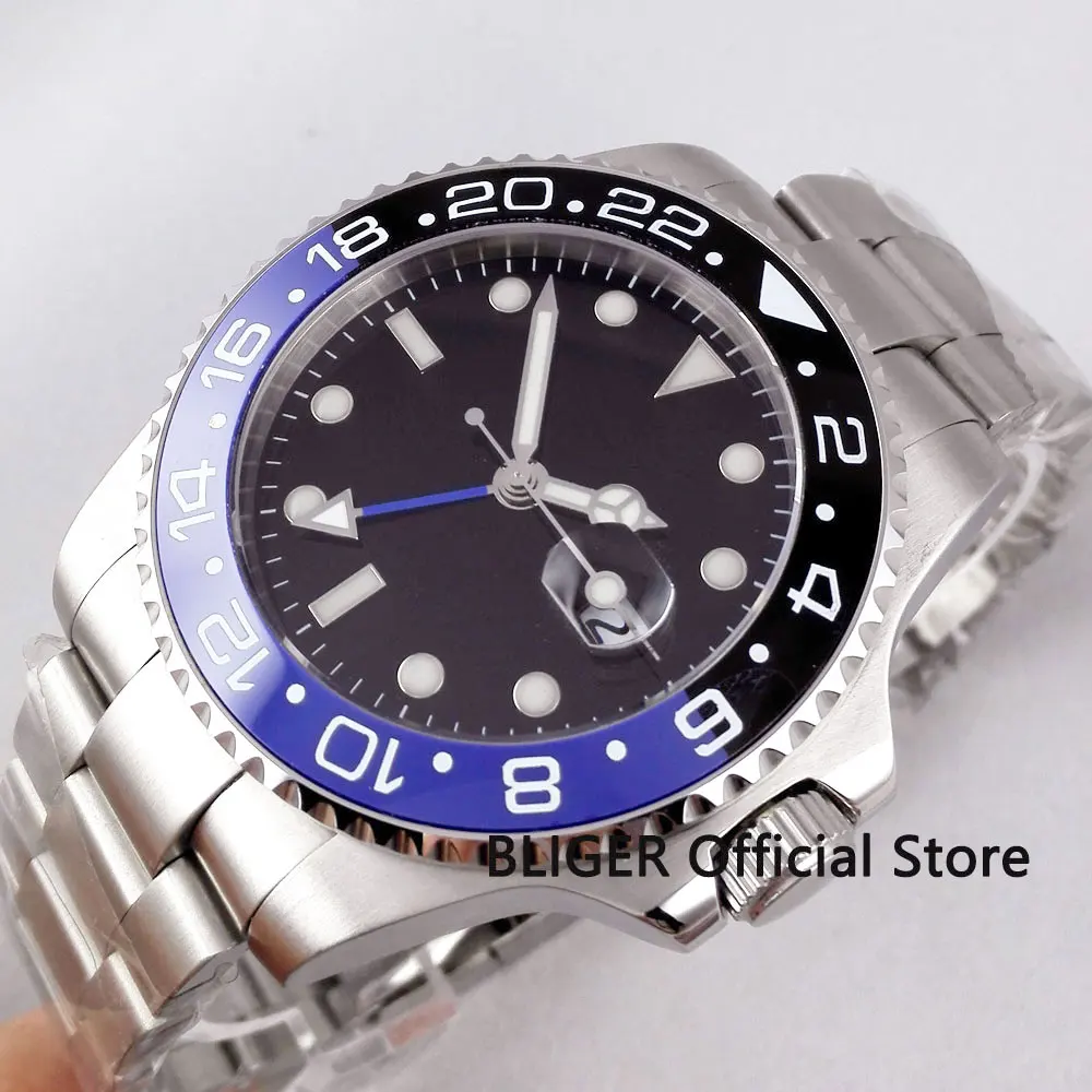 

Мужские часы с сапфировым стеклом BLIGER 43 мм, черный стерильный циферблат, синий, черный керамический Безель, светящийся автоматический механ...