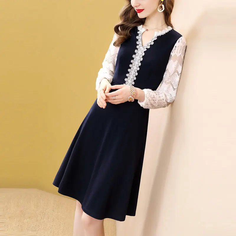 

Only Plus Fashion Patchwork Long Sleeve Dress Black Autumn Winter Slim Elegant A-Line Dresses For Women Knee Length Vestidos