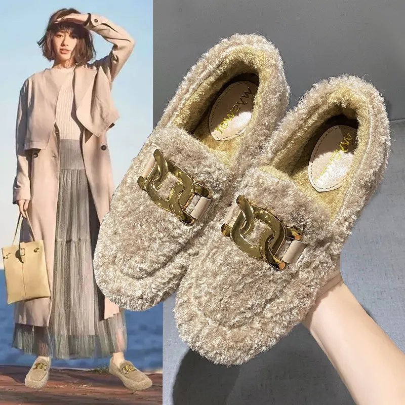 

Туфли женские с круглым носком, повседневные кроссовки на плоской подошве, меховые Мокасины, без застежки, Осень-зима 2021