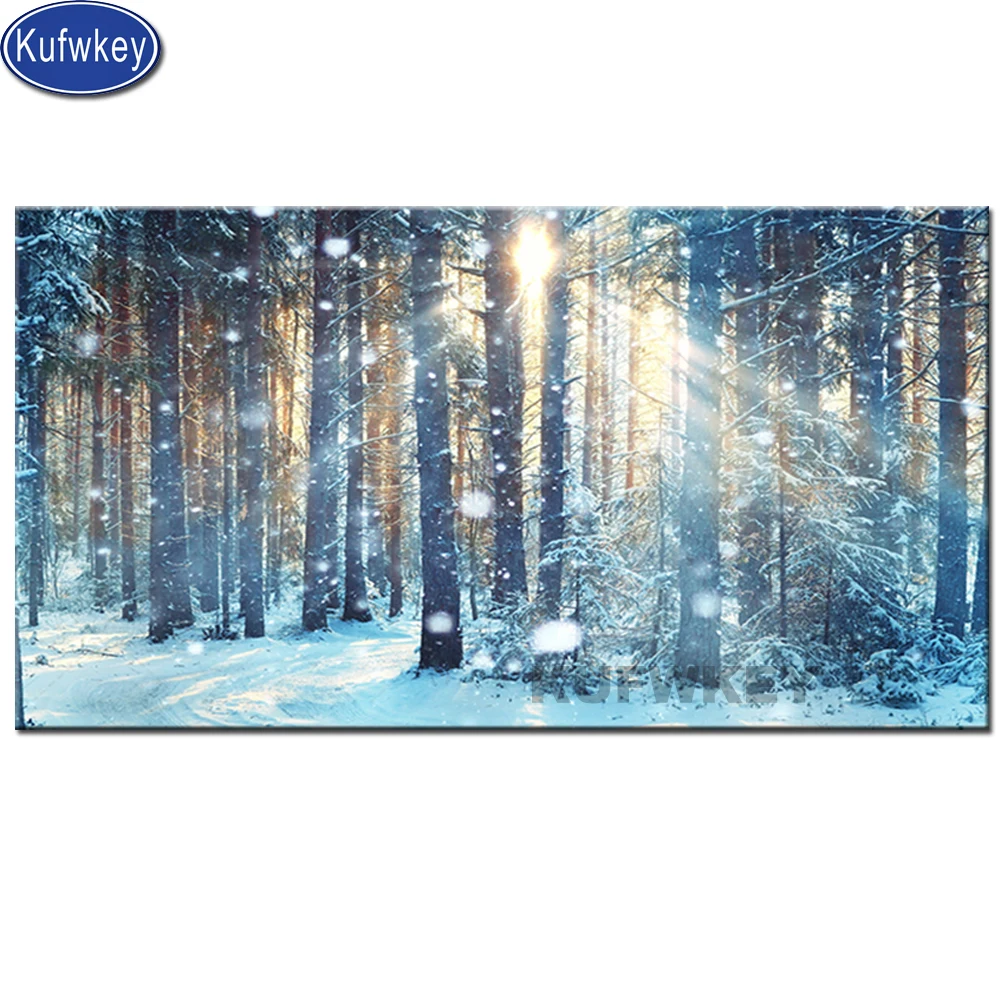 Алмазная вышивка с пейзажем снежного леса полноразмерная круглая картина 5d