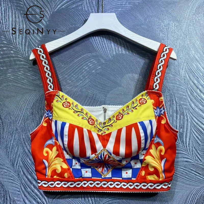 

SEQINYY Sicily Style Top Summer Spring New Fashion Design Women Runway Paded Sleeveless Vintage Flowers Print Crop Short Vest