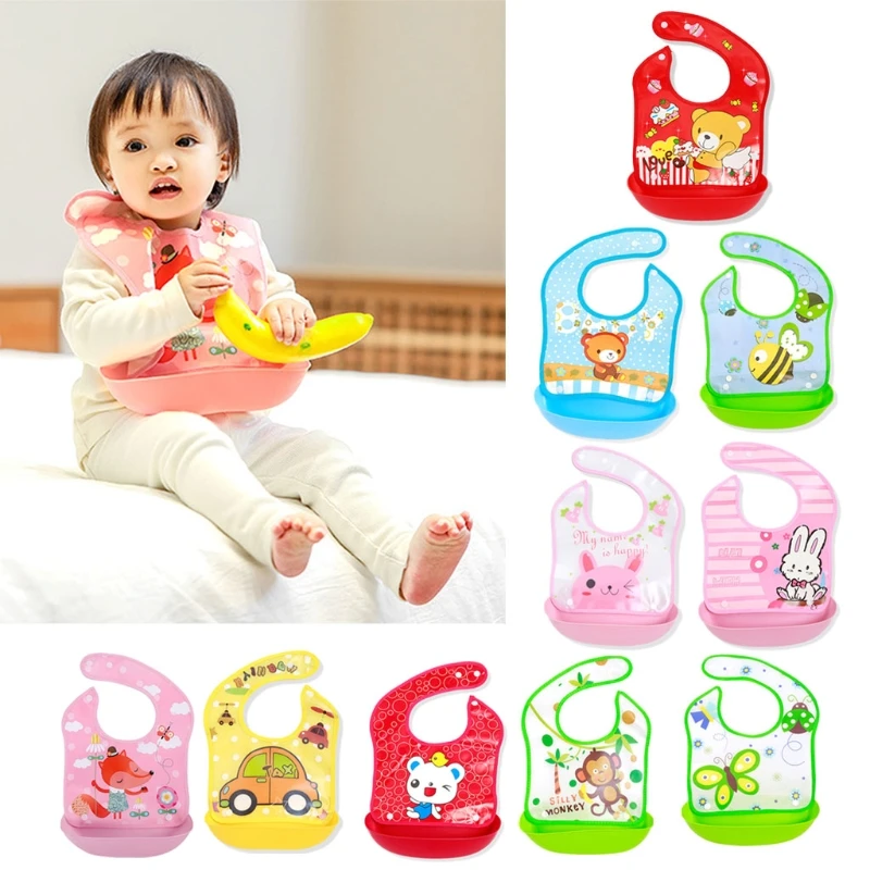 

Waterproof Baby Bib Feeding Saliva Towel Newborn Cartoon Apron Adjustable Saliva Towel with Removable Food Catcher Roll up Pocke
