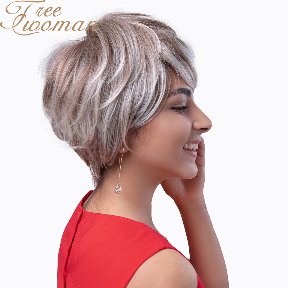 

FREEWOMAN Ombre Short Hair Wig with Natural Bangs Pixie Cut with Highlights Synthetic Short Straight Haircut For White Women