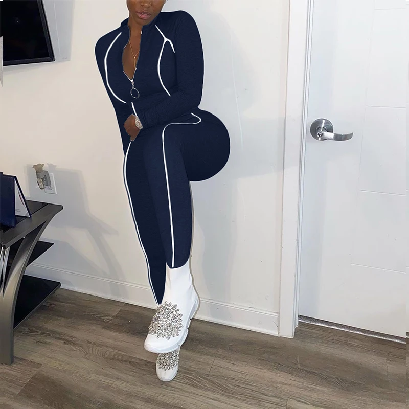 

hirigin Sexy Two Piece Set Jumpsuit Long Sleeve Zip Top + Side Striped Bodycon Pants Tracksuit Fall Women Outfits Matching Sets