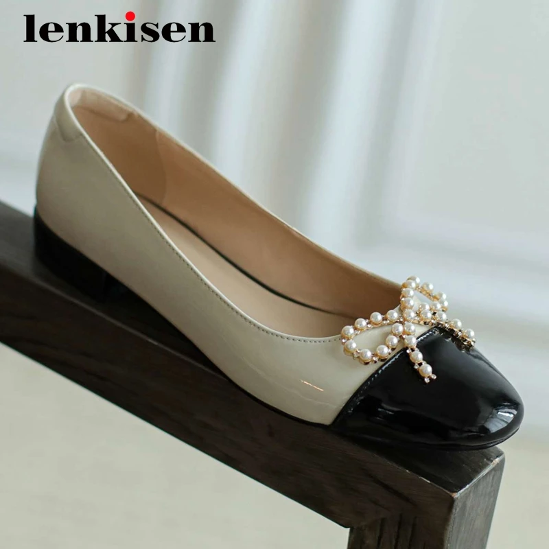 

Lenkisen new arrival gladiator cow patent leather butterfly-knot mixed colors round toe low heel slip on modern women pumps L2f3