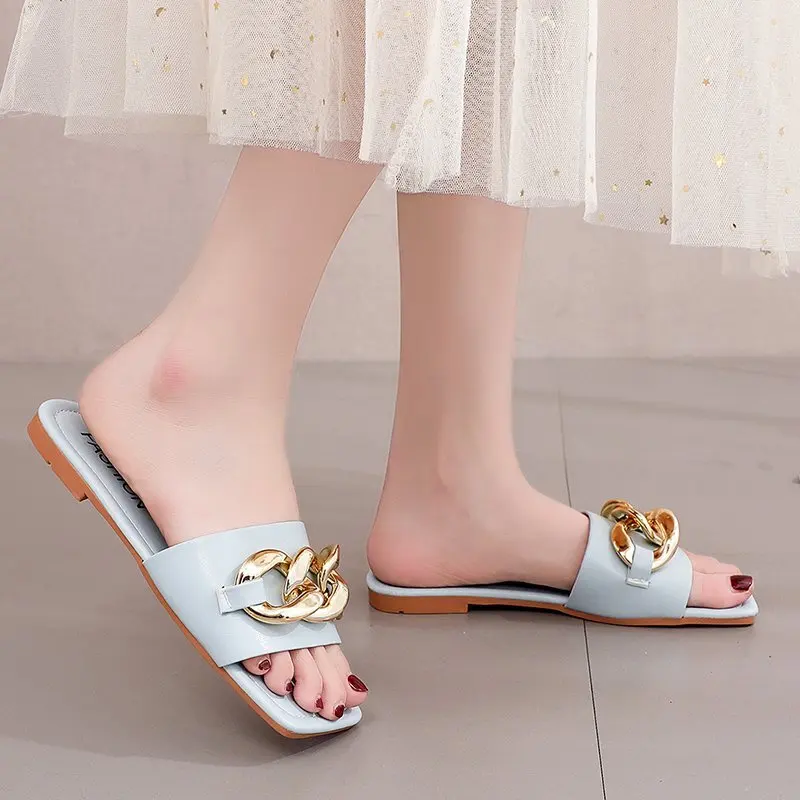 

Rivet Shoes Square Toe Low Womens Slippers Outdoor Slides Fashion Pantofle Summer Flat Luxury 2021 PU Metal Decoration Basic