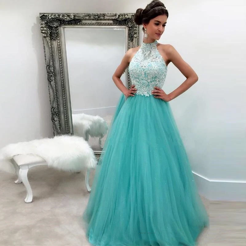 

2021 Sexy Halter Long Prom Dresses A Line Whte Lace Top Appliqued Long Sky Blue Tulle Evening Gowns Gilrs Formal Event Wear