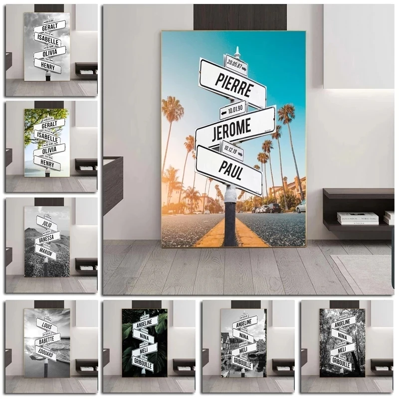 

Personalized Intersection Street Sign Custom Names Dates Landscape Canvas Painting Wall Art Home Decor Customized Name Poster