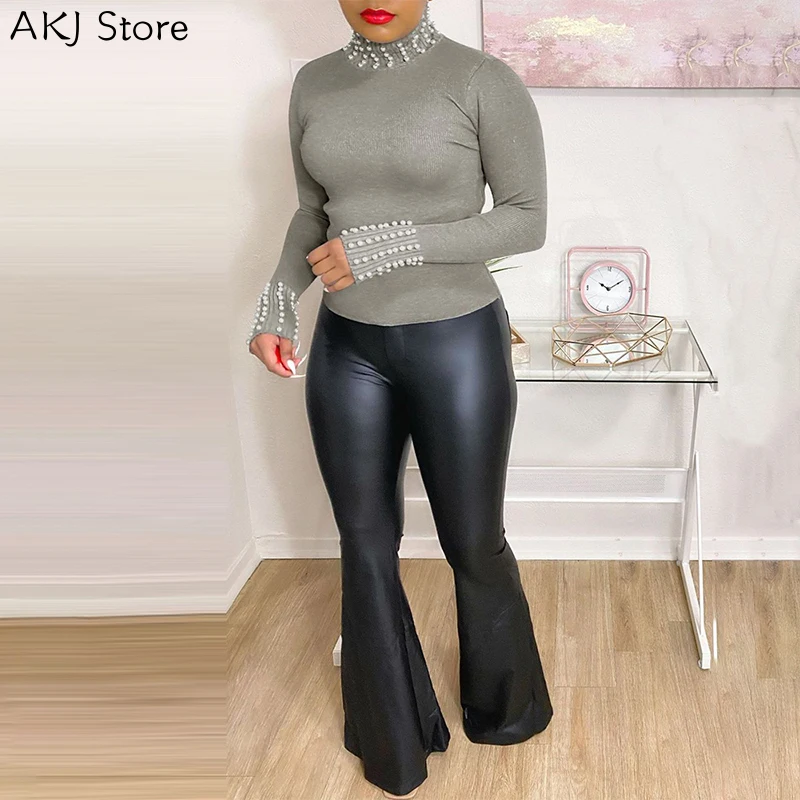 

Women Long Sleeve Beaded Design Blouse Female Slim Blouses and Tops