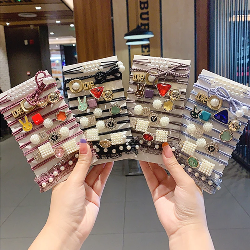 

Pearl Cube Ball Basic Elastic Hair Bands For Girl Pink Rabbit Tie Gum Scrunchie Ring Rubber Bands 2021 Hair Accessories Set