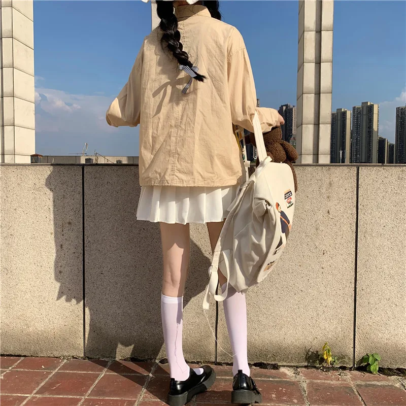 

Japanese Autumn Sweet Soft Girly Blouse Shirt Vintage Childlike Pocket Patch Loose Shirt Cute Full Sleeve White Blouse Shirt