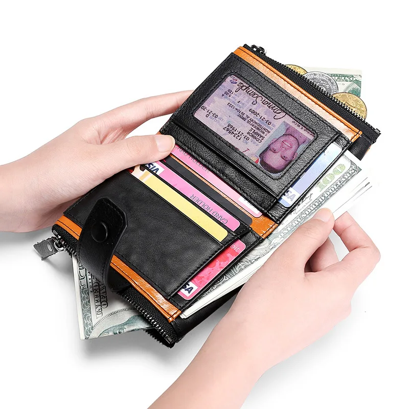 NEW Splice 100% Genuine Leather Men Wallet Coin Purse Small Mini Card Holder Double Zipper Portomonee Male Walet Pocket