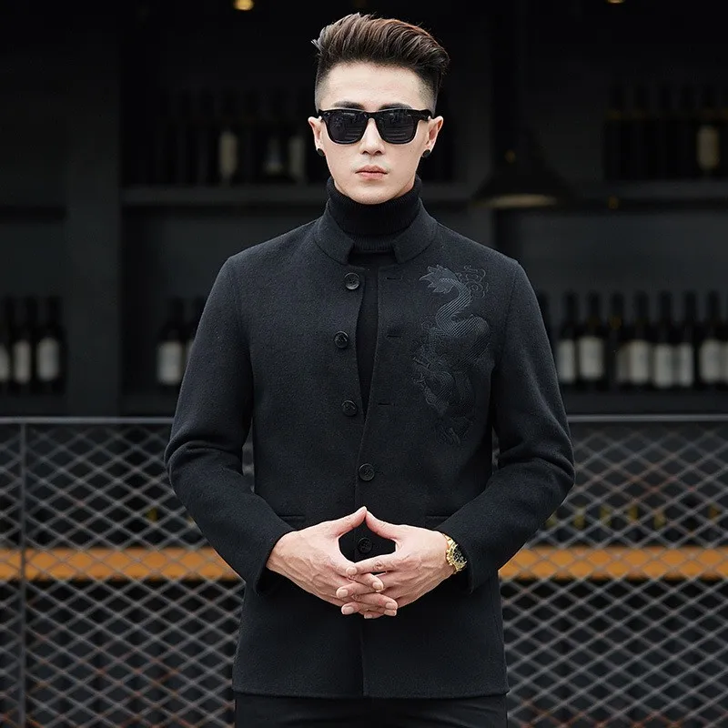 

Chinese Vintage Mens Dragon Embroidery Double Faced Wool Coat Stand Collar Single Breasted Office Work Formal Party Jacket