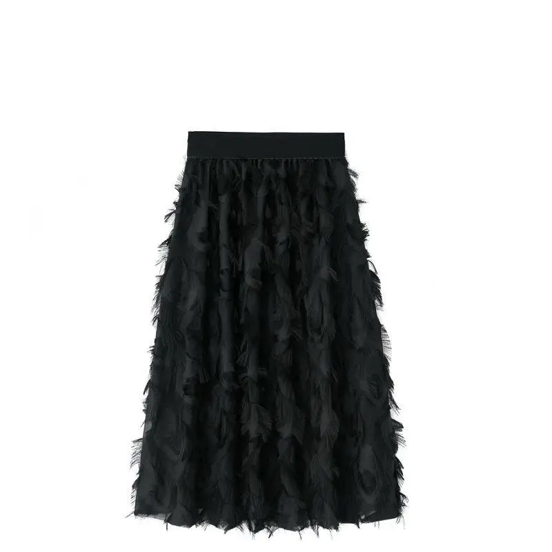 

Fairy Long Skirt Women Korean Elastic Waist Pleated Urban Women Feather Tassel Mid-length Big Hemline Dating Casual Skirt Femme