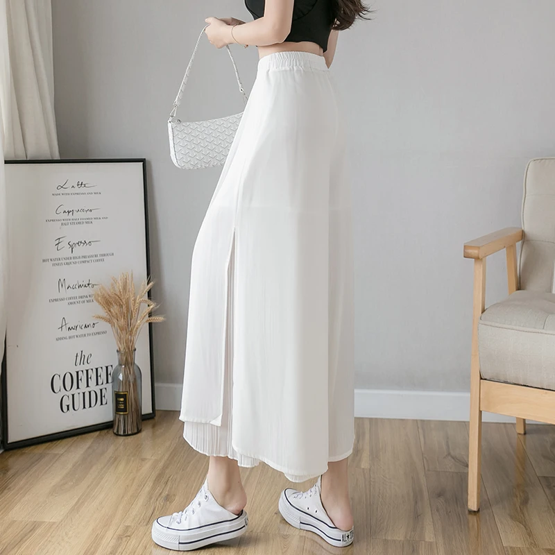 

Casual Solid Color Wide Leg Pants Elastic High-waist Pleated Women's Pants Loose Flowing Summer Female Chiffon Trousers 2021