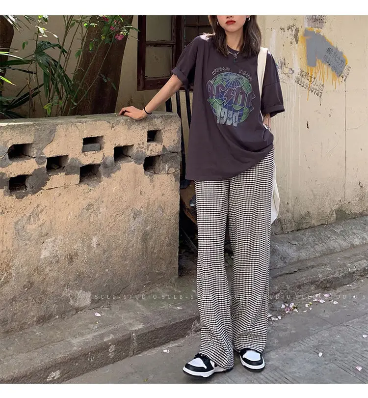 

Plaid pants ladies casual oversized 2XL loose wide-leg pants retro girl Harajuku hip-hop all-match streetwear for men and women