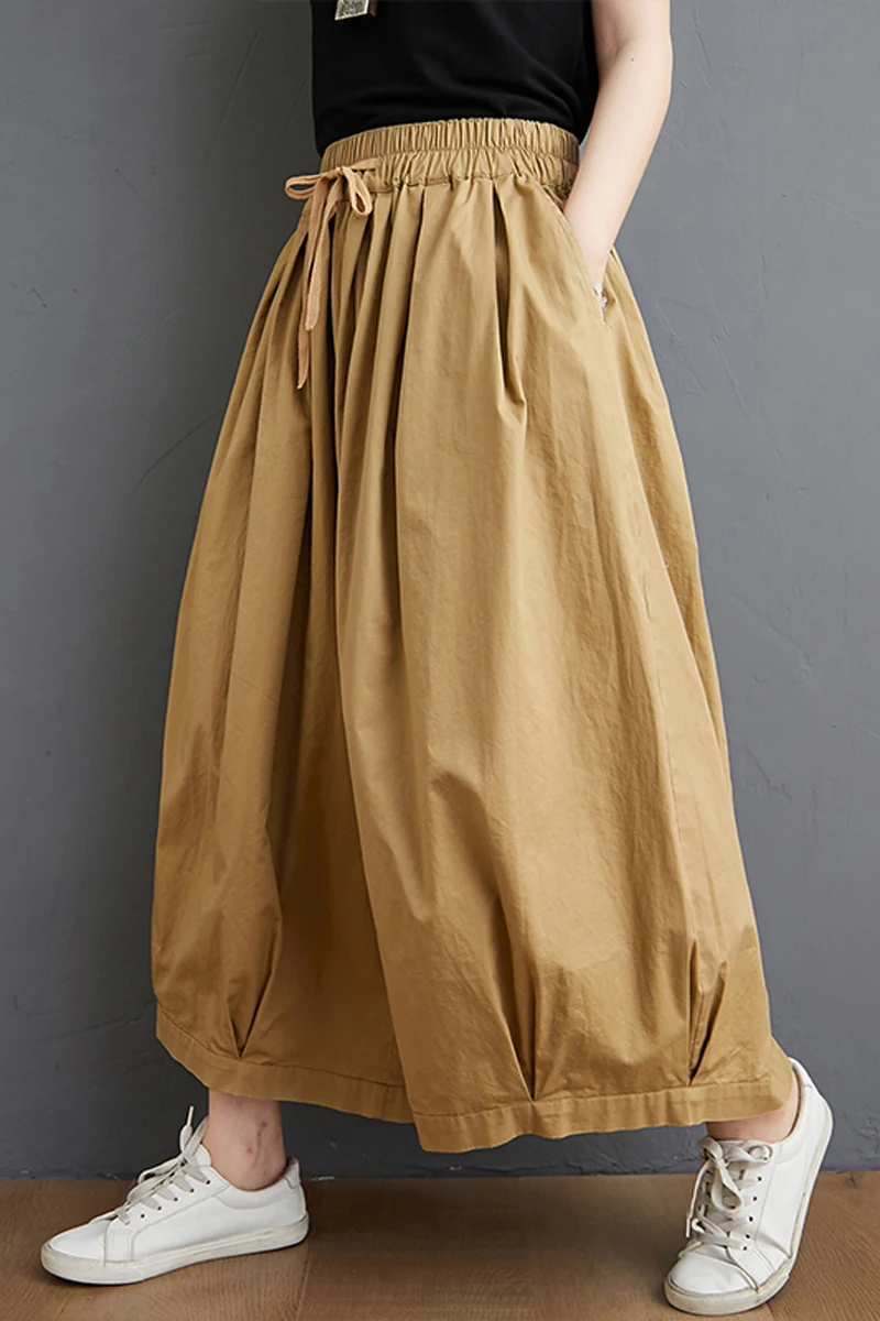 

Plus Size Solid Loose Casual Pants Women 2021 Spring New Elastic Waist Slimming Wide Leg Skirt Pants Pleated Cropped Trouses