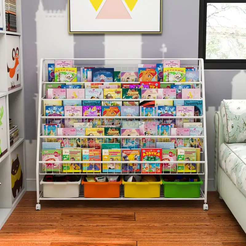 Переносная книжная полка стеллаж из кованого железа для хранения напольный