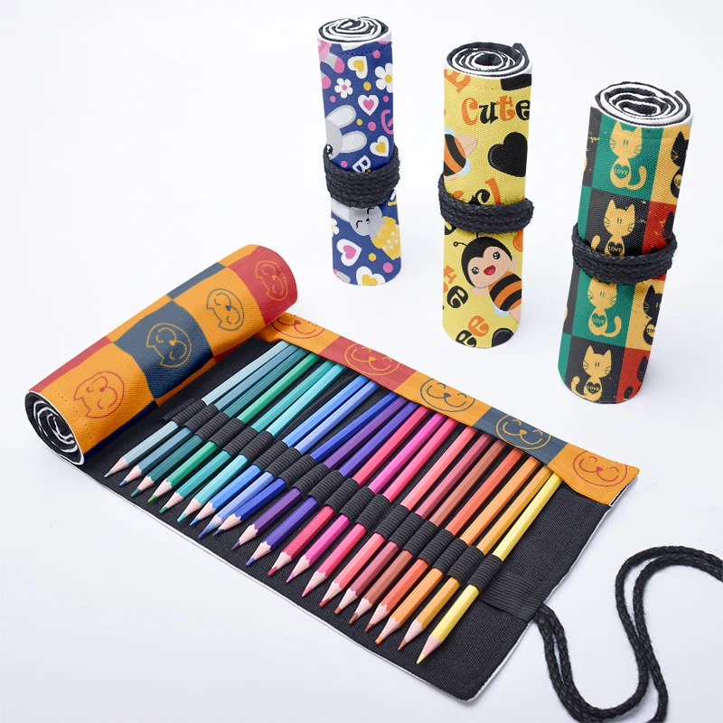 

Cartoon Cat Printed Student Pencil Case For Unisex Creativity Casual Canvas Roll Pen Bag 12/24/36/48/72 Holes Draw Storage Bag