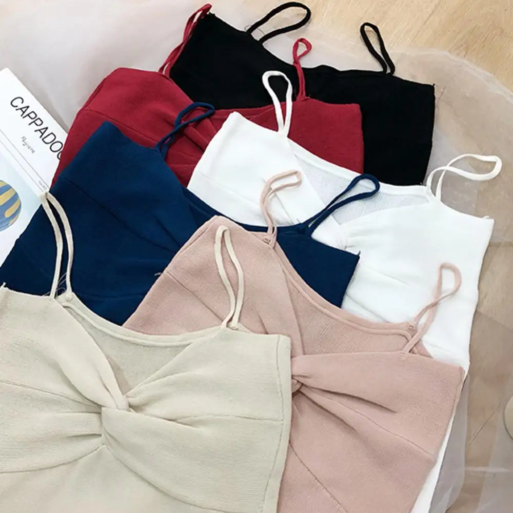 

2021 Sexy Women Knot V Neck Sleeveless Basic Crop Top Spaghetti Strap Camisole Vest For Shopping Dating Travel Beach Daily Wear