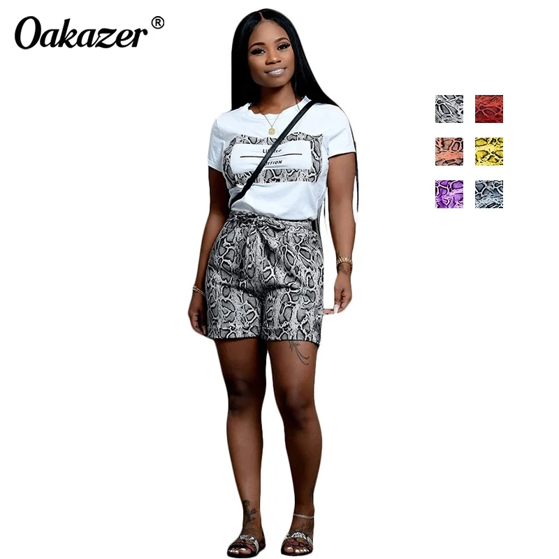 

Oakazer Tracksuit Women 2 Piece Sets Letter Print Short Sleeve+Leopard Shorts Female Casual Short Suits Outfit Clothing Summer