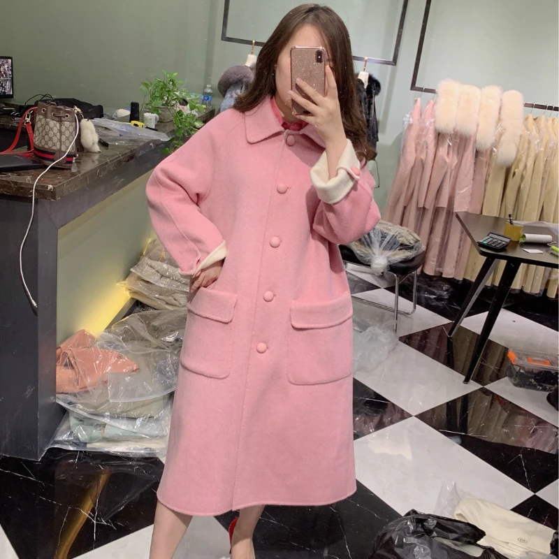 OFTBUY 2021 Real Fur Coat Winter Jacket Women Natural Fox Collar Cashmere Wool Blends x-Long Outerwear Streetwear Korea | Женская одежда