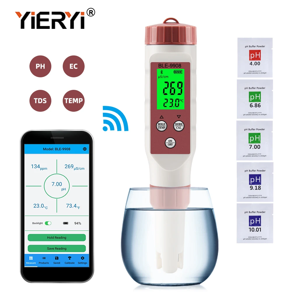 Yieryi Blue Tooth PH Meter PH/EC/TDS/TEMP Meter APP Intelligent Control Water Quality Tester ATC for Drinking Water Aquariums