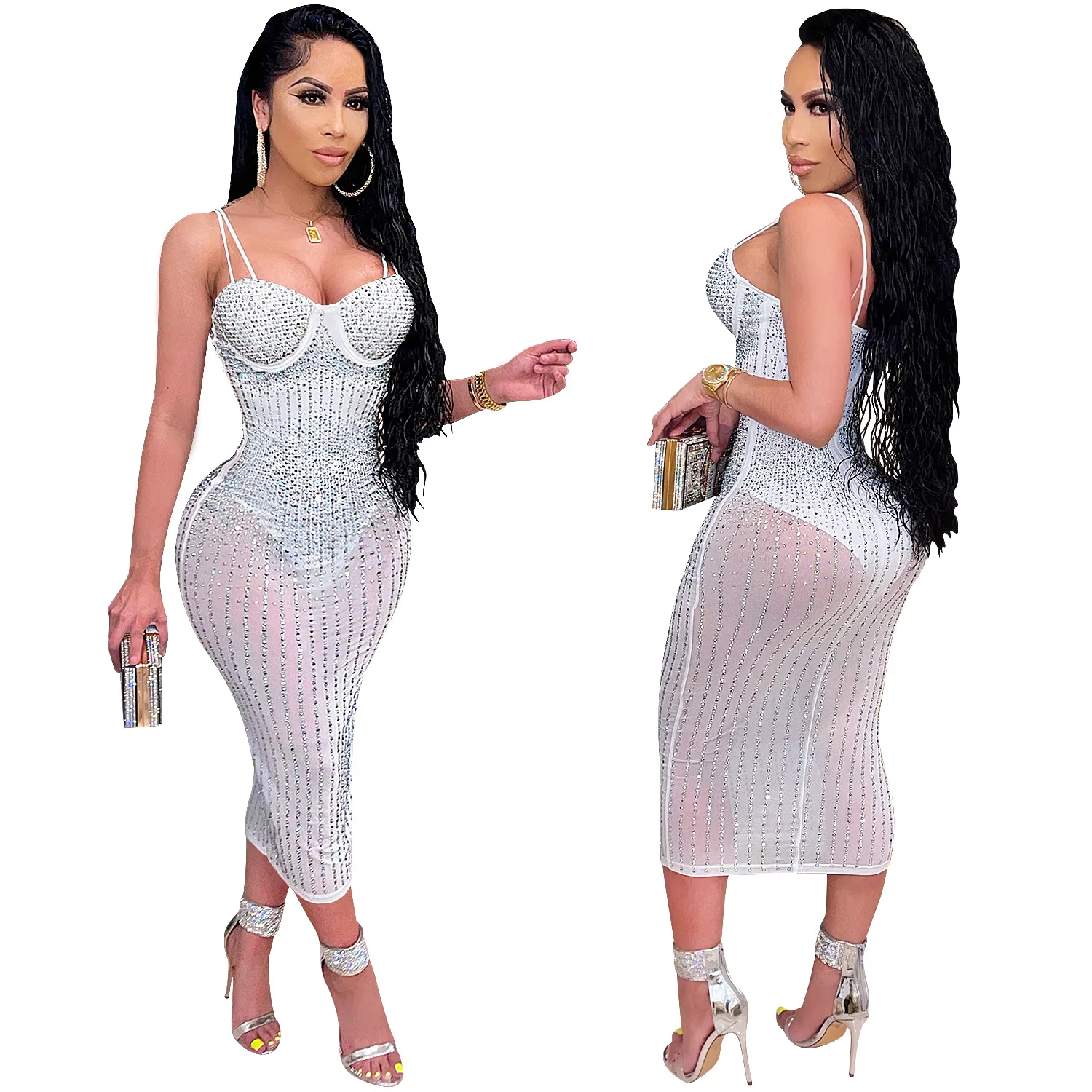 Сексуальное прозрачное Сетчатое платье со стразами без бретелек с V-образным