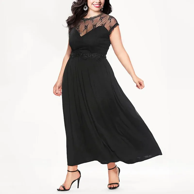Женское длинное платье с сеткой Черное вечернее коротким рукавом большие