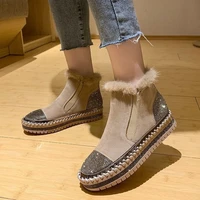 women luxury crystal hand stitching leather winter large size high shoes woman slip on platform flats warm real mink fur shoes