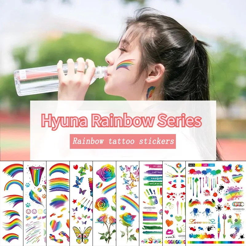 

Hyuna Ins Colorful Rainbow Series Tattoo Stickers Face and Cute Body Art Fake Pattern Face Stickers Cool Camouflage Striped Love