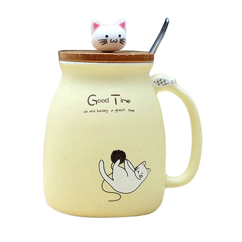 

2Pcs Sesame Cat Heat-Resistant Cup Color Cartoon with Lid Cup Kitten Milk Coffee Ceramic Mug Children Cup - Pink & Beige
