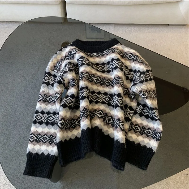 

2020 Autumn and Winter New Korean Retro Snowflake Loose Texture Sweater Christmas Nordic White Thickening Women's Pullover Top