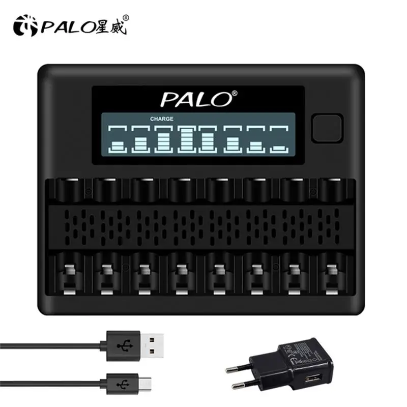 PALO 8 слотов ЖК-смарт-зарядное устройство для 1 2 В AA AAA Ni-MH NI-CD зарядное аккумулятор 2A